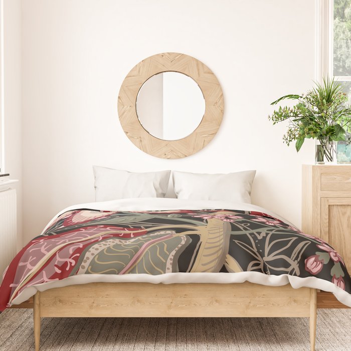 Oriental exotic chintz bamboo red flowers on black Duvet Cover Gallery Image 3