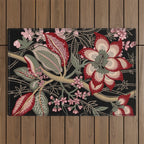 Oriental exotic chintz bamboo red flowers on black Outdoor Rug Gallery Image 1