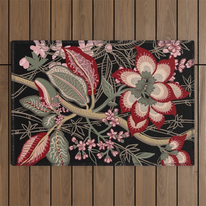 Oriental exotic chintz bamboo red flowers on black Outdoor Rug Gallery Image 1
