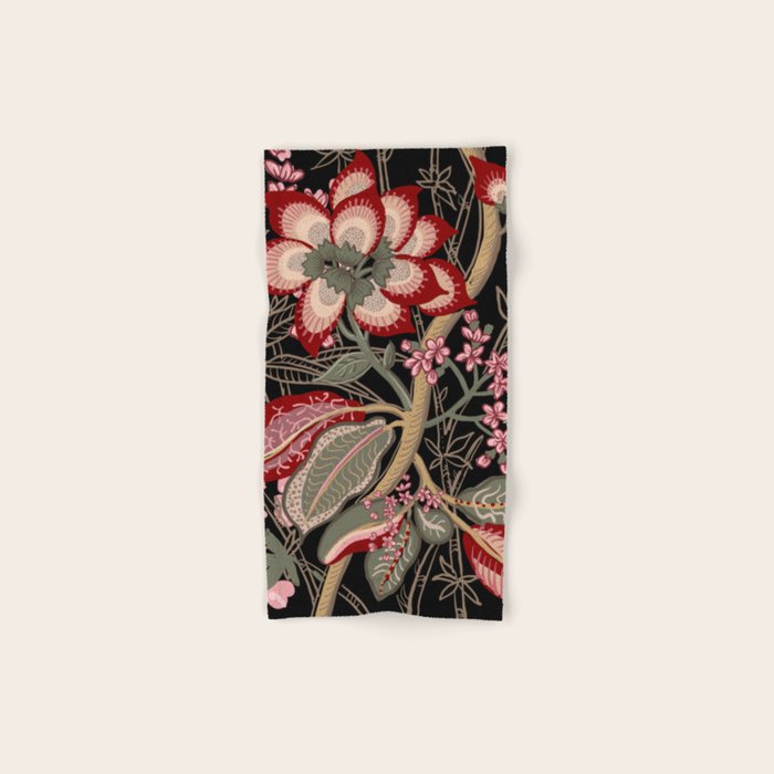 Oriental exotic chintz bamboo red flowers on black Bath Towel Gallery Image 1