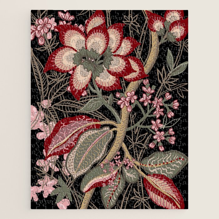 Oriental exotic chintz bamboo red flowers on black Jigsaw Puzzle Gallery Image 1