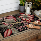 Oriental exotic chintz bamboo red flowers on black Outdoor Rug Gallery Image 2