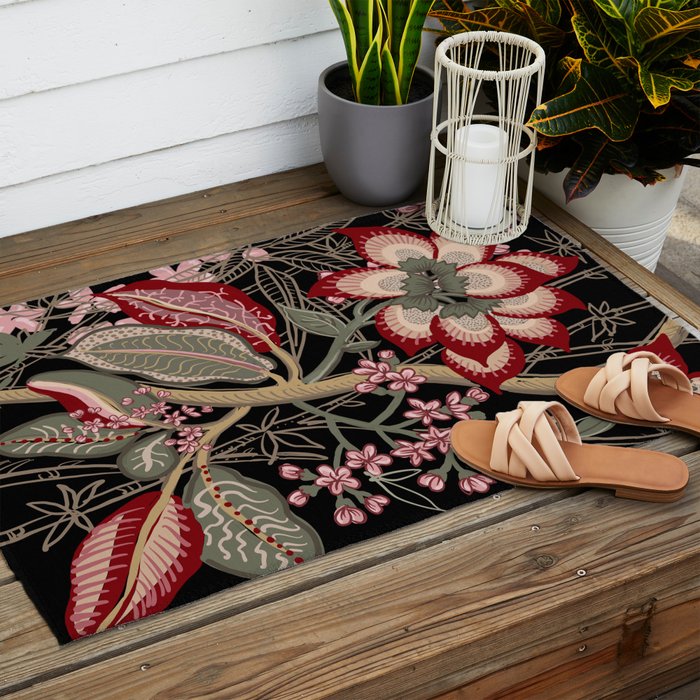 Oriental exotic chintz bamboo red flowers on black Outdoor Rug Gallery Image 2