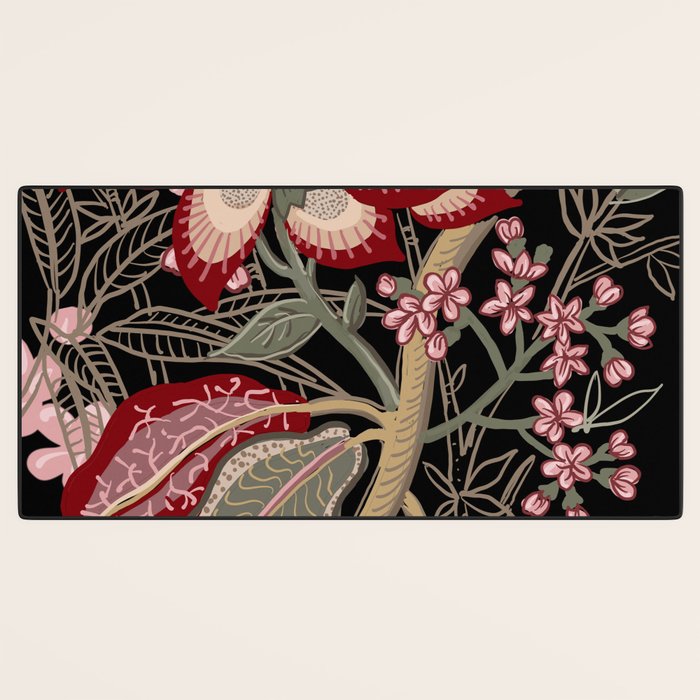 Oriental exotic chintz bamboo red flowers on black Desk Mat Gallery Image 3