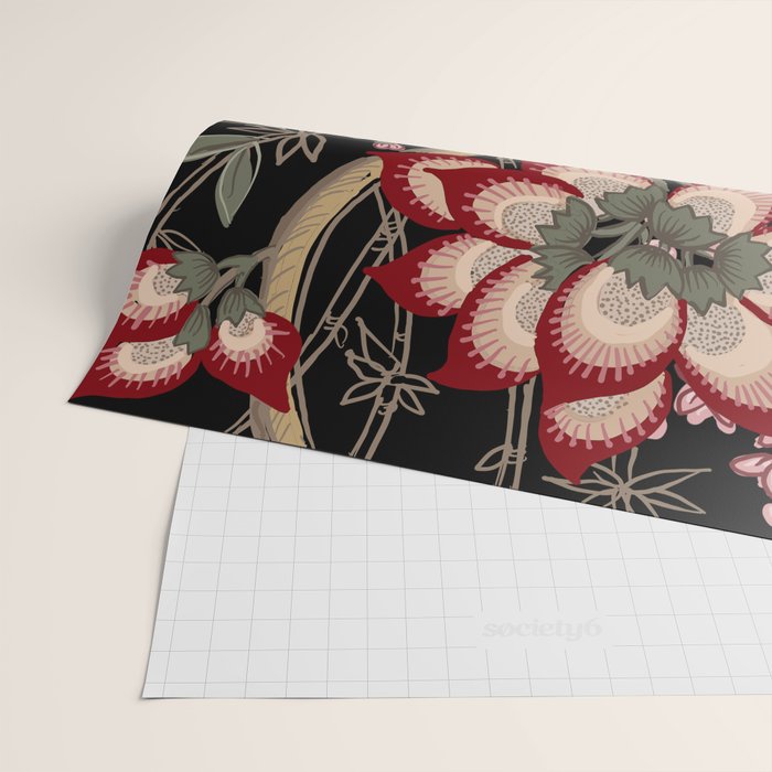 Oriental exotic chintz bamboo red flowers on black Wrapping Paper Gallery Image 2