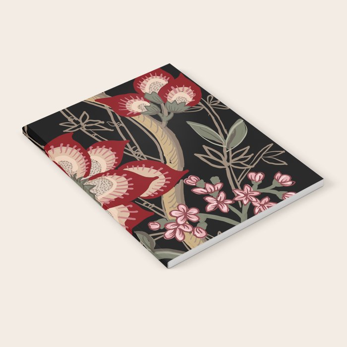 Oriental exotic chintz bamboo red flowers on black Notebook Gallery Image 1