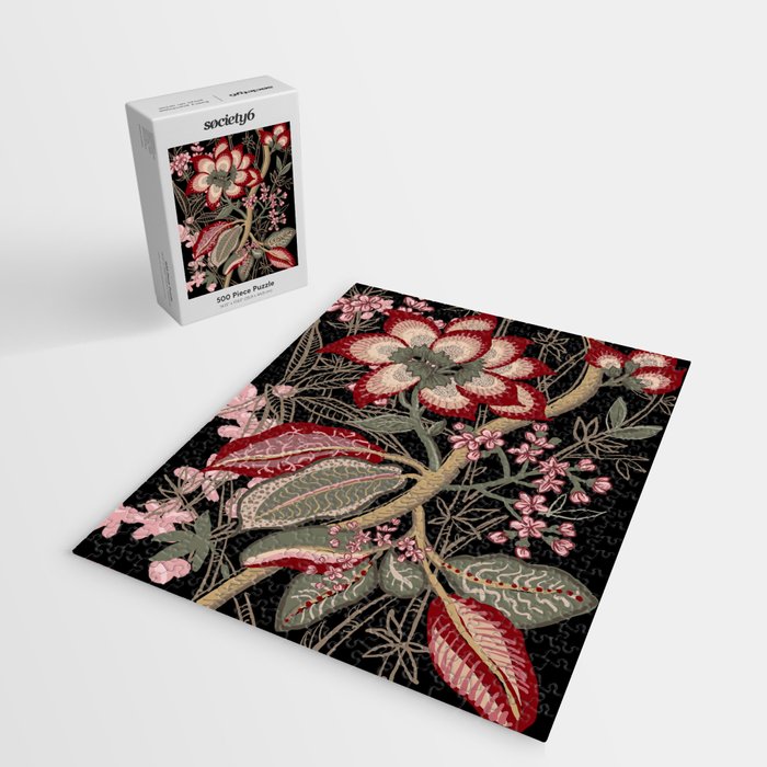 Oriental exotic chintz bamboo red flowers on black Jigsaw Puzzle Gallery Image 2