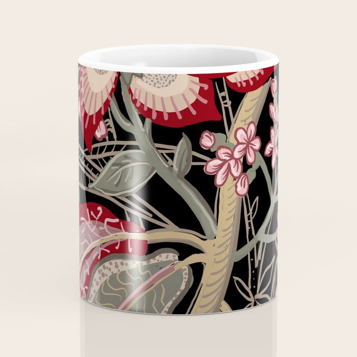 Oriental exotic chintz bamboo red flowers on black Coffee Mug Gallery Image 4