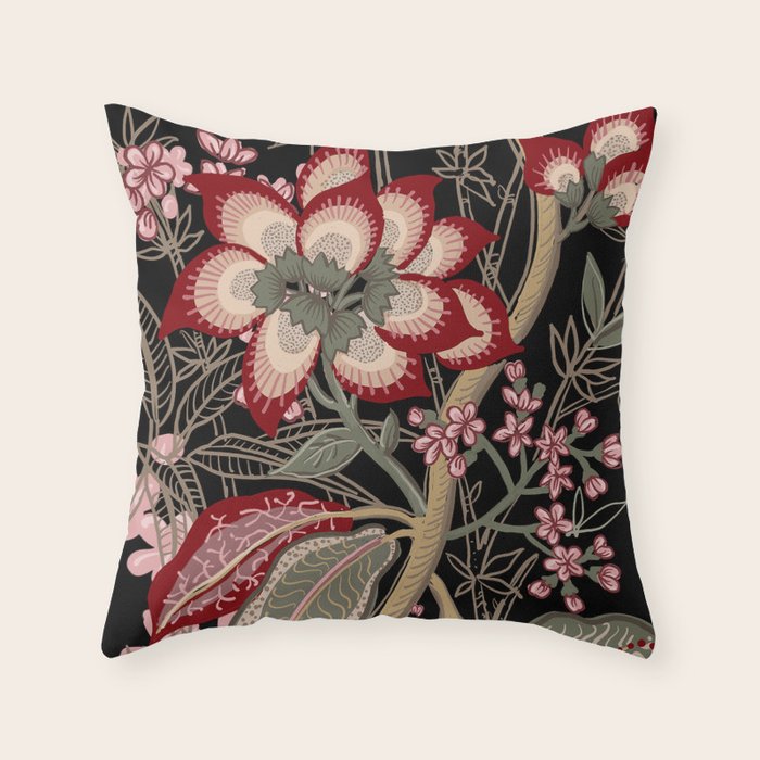 Oriental exotic chintz bamboo red flowers on black Throw Pillow Gallery Image 6