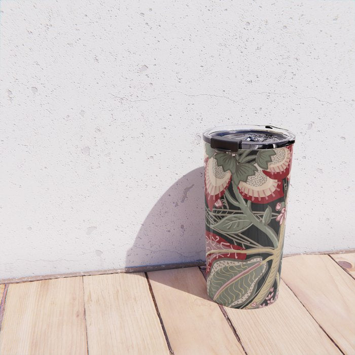 Oriental exotic chintz bamboo red flowers on black Travel Mug Gallery Image 4