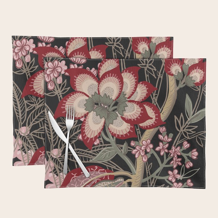 Oriental exotic chintz bamboo red flowers on black Placemat Gallery Image 1