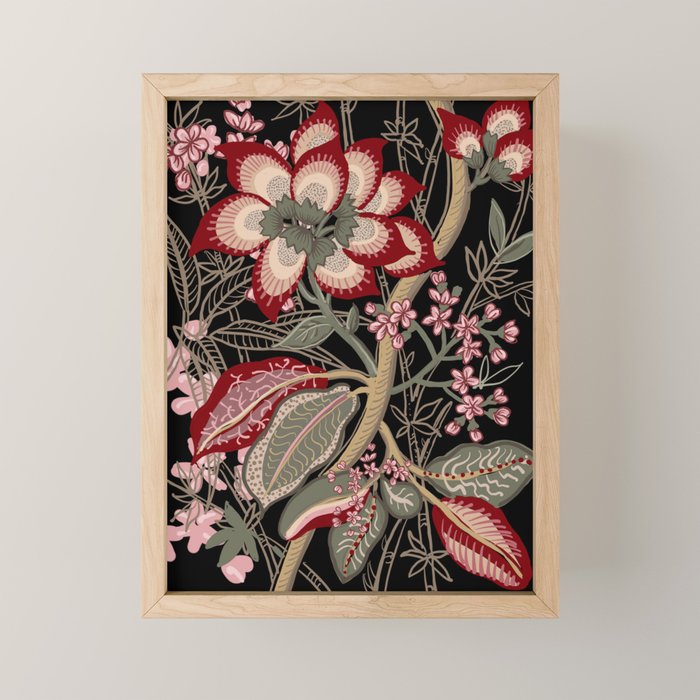 Oriental exotic chintz bamboo red flowers on black Mini Art Print Gallery Image 1