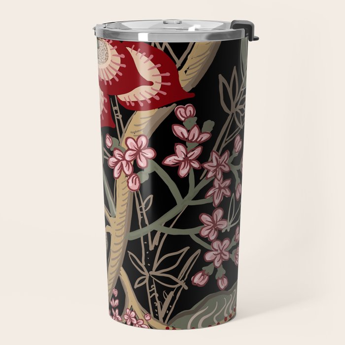 Oriental exotic chintz bamboo red flowers on black Travel Mug Gallery Image 2