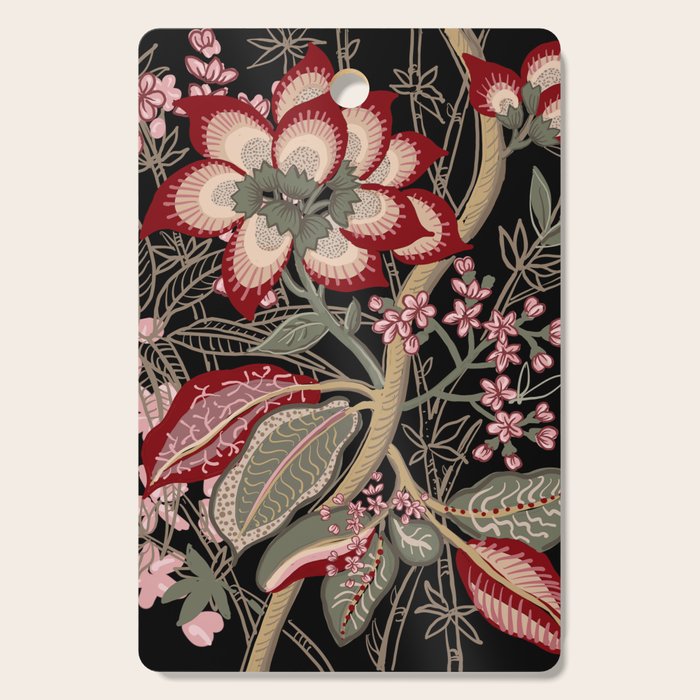 Oriental exotic chintz bamboo red flowers on black Cutting Board Gallery Image 1