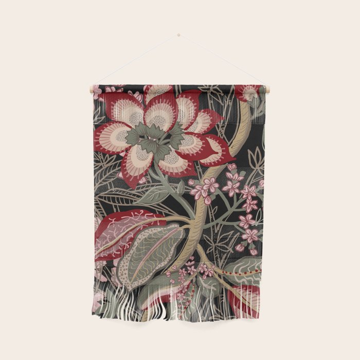 Oriental exotic chintz bamboo red flowers on black Wall Hanging Gallery Image 1