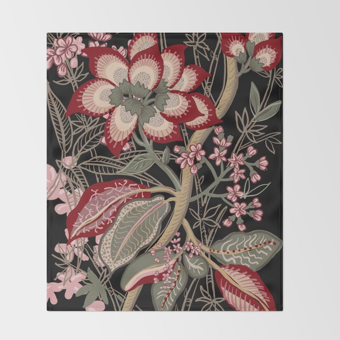 Oriental exotic chintz bamboo red flowers on black Throw Blanket Gallery Image 2