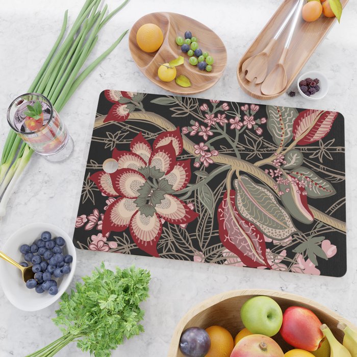 Oriental exotic chintz bamboo red flowers on black Cutting Board Gallery Image 2