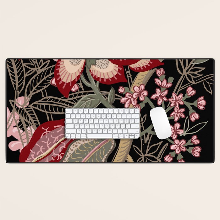 Oriental exotic chintz bamboo red flowers on black Desk Mat Gallery Image 1