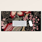 Oriental exotic chintz bamboo red flowers on black Desk Mat Gallery Image 1