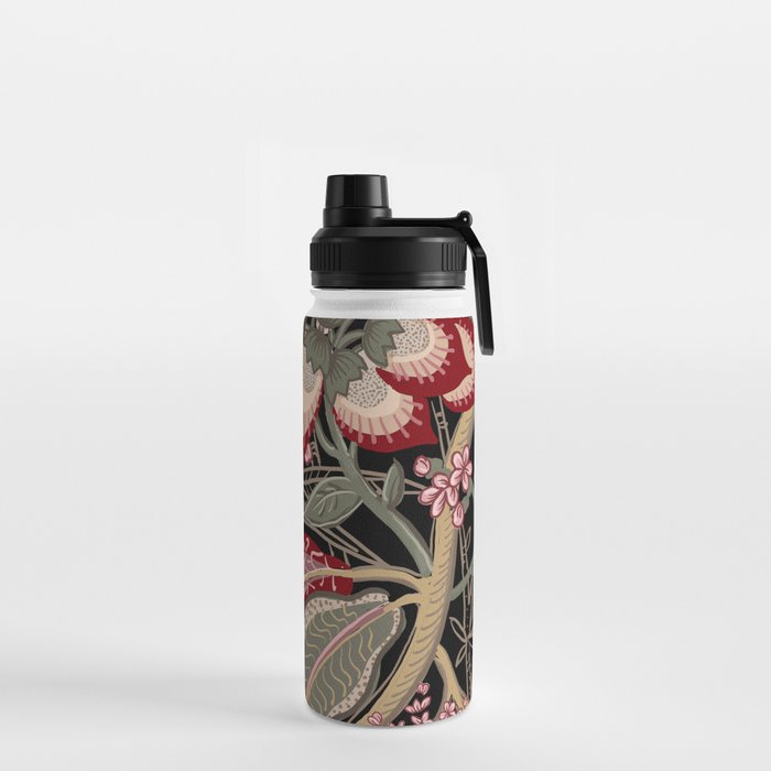 Oriental exotic chintz bamboo red flowers on black Water Bottle Gallery Image 2