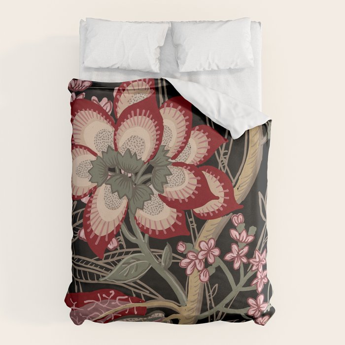 Oriental exotic chintz bamboo red flowers on black Duvet Cover Gallery Image 1