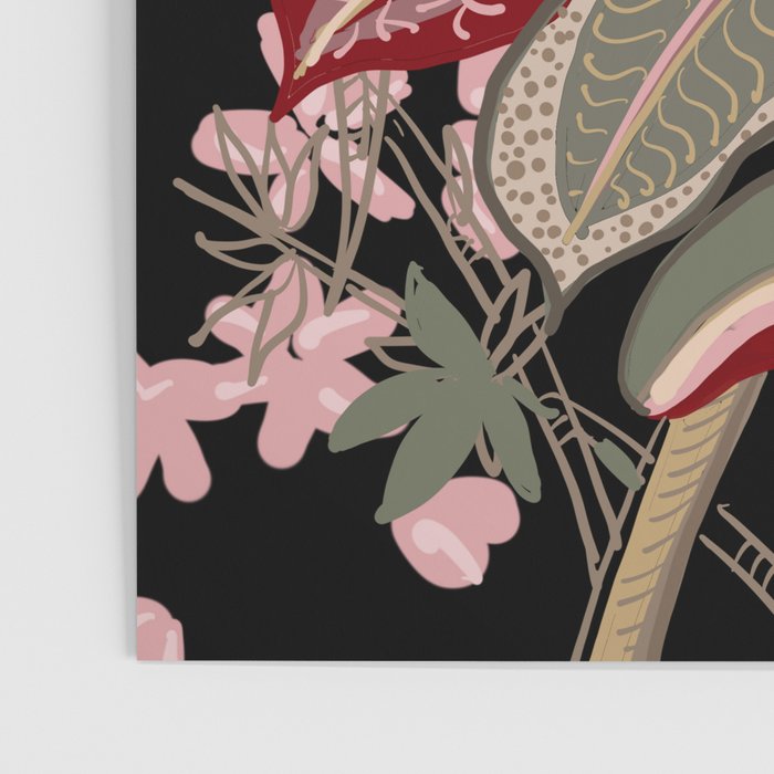 Oriental exotic chintz bamboo red flowers on black Poster Gallery Image 3