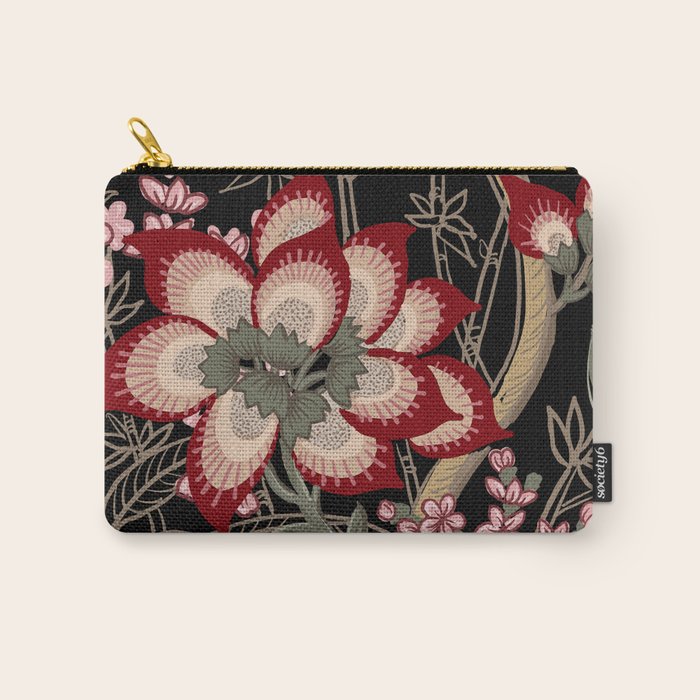Oriental exotic chintz bamboo red flowers on black Carry All Pouch Gallery Image 1