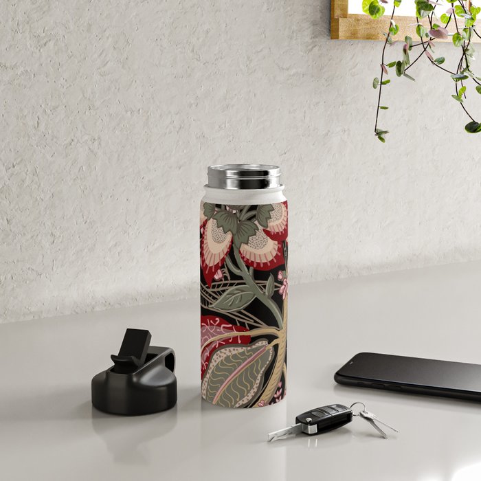 Oriental exotic chintz bamboo red flowers on black Water Bottle Gallery Image 4
