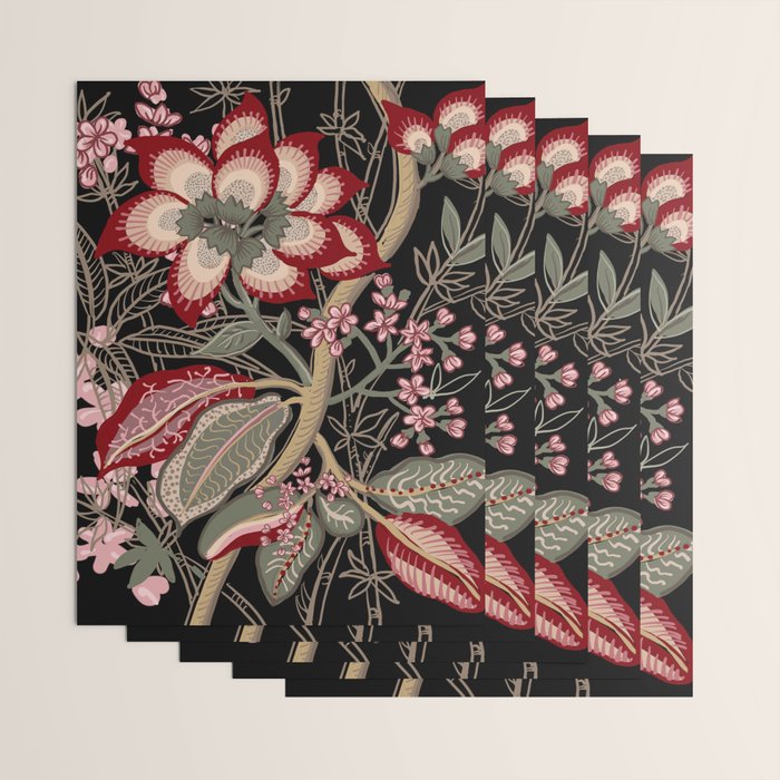 Oriental exotic chintz bamboo red flowers on black Wrapping Paper Gallery Image 3