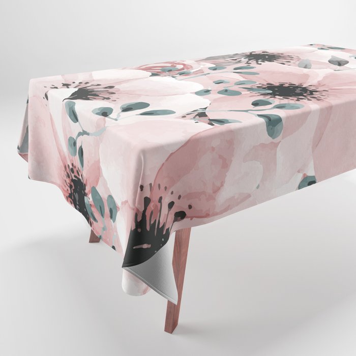 Flower Watercolor, Blush Pink and Gray, Floral Prints Tablecloth Gallery Image 1