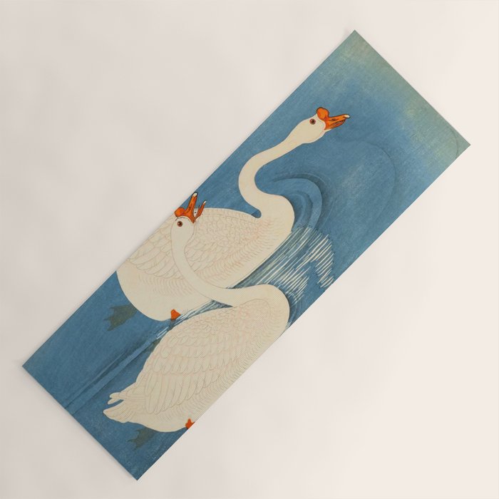 Shoson Two Geese Swimming Near Shore Antique Japanese Woodblock Print  Yoga Mat Gallery Image 1