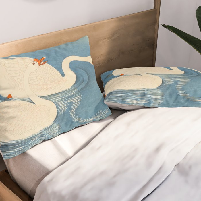 Shoson Two Geese Swimming Near Shore Antique Japanese Woodblock Print  Pillow Sham Gallery Image 2