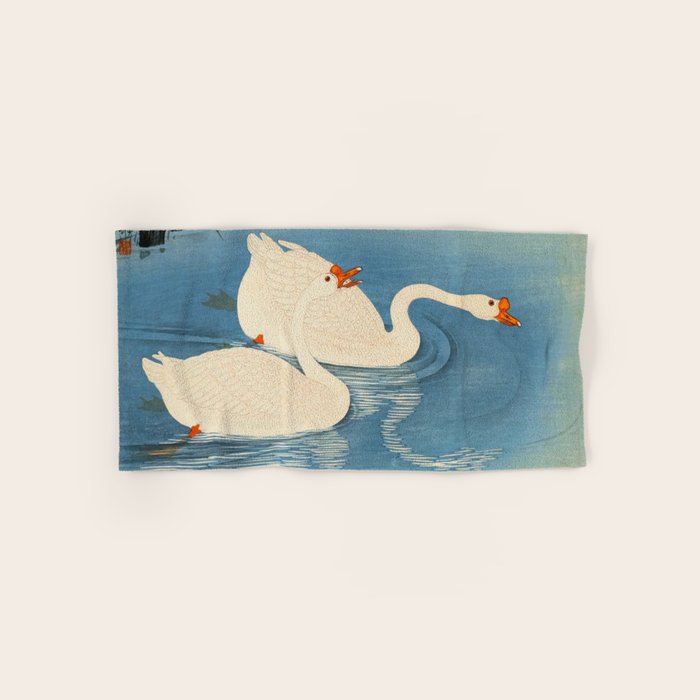 Shoson Two Geese Swimming Near Shore Antique Japanese Woodblock Print  Bath Towel Gallery Image 1