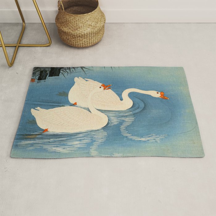 Shoson Two Geese Swimming Near Shore Antique Japanese Woodblock Print  Rug Gallery Image 1