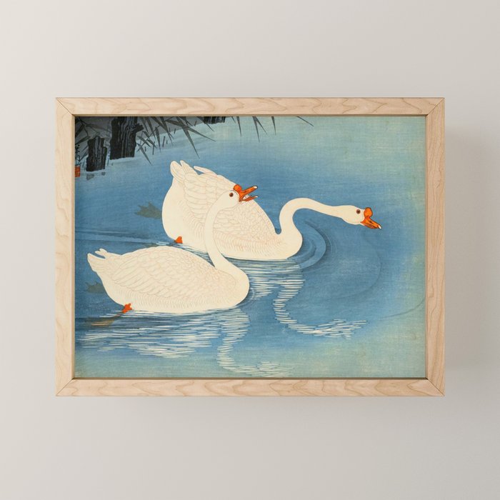 Shoson Two Geese Swimming Near Shore Antique Japanese Woodblock Print  Mini Art Print Gallery Image 1