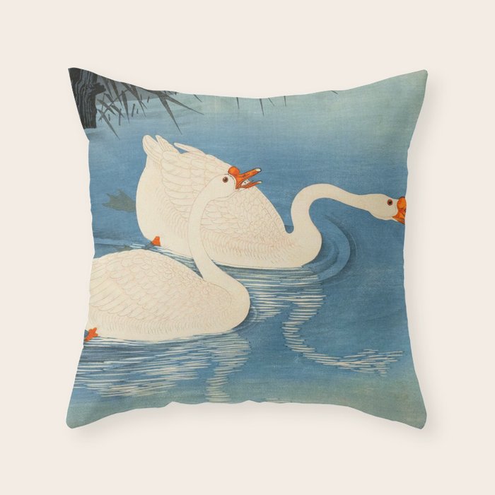 Shoson Two Geese Swimming Near Shore Antique Japanese Woodblock Print  Throw Pillow Gallery Image 6