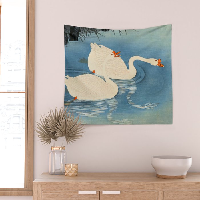 Shoson Two Geese Swimming Near Shore Antique Japanese Woodblock Print  Wall Tapestry Gallery Image 2