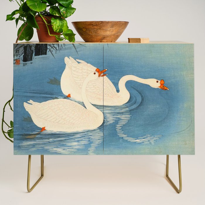Shoson Two Geese Swimming Near Shore Antique Japanese Woodblock Print  Credenza Gallery Image 1