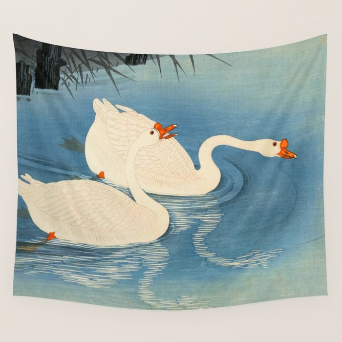 Shoson Two Geese Swimming Near Shore Antique Japanese Woodblock Print  Wall Tapestry Gallery Image 4