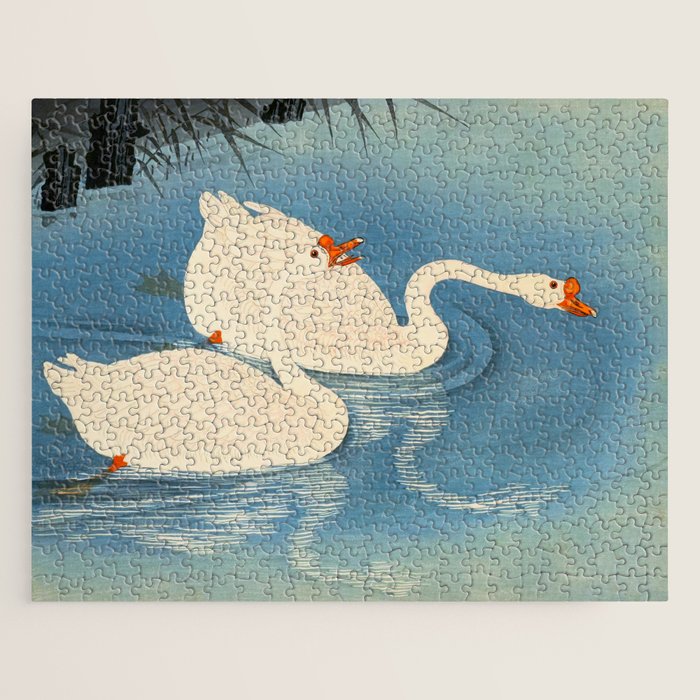 Shoson Two Geese Swimming Near Shore Antique Japanese Woodblock Print  Jigsaw Puzzle Gallery Image 1