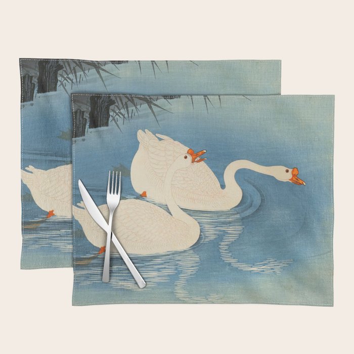 Shoson Two Geese Swimming Near Shore Antique Japanese Woodblock Print  Placemat Gallery Image 1