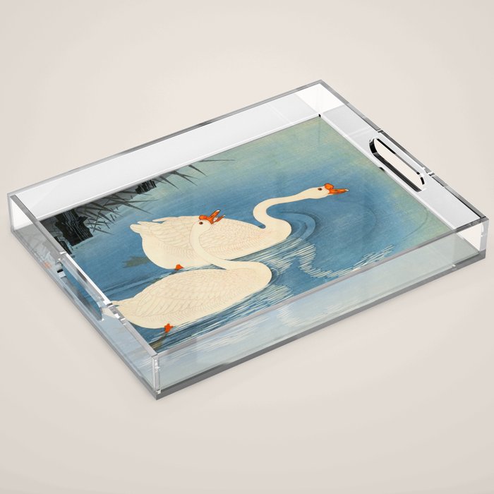 Shoson Two Geese Swimming Near Shore Antique Japanese Woodblock Print  Acrylic Tray Gallery Image 1