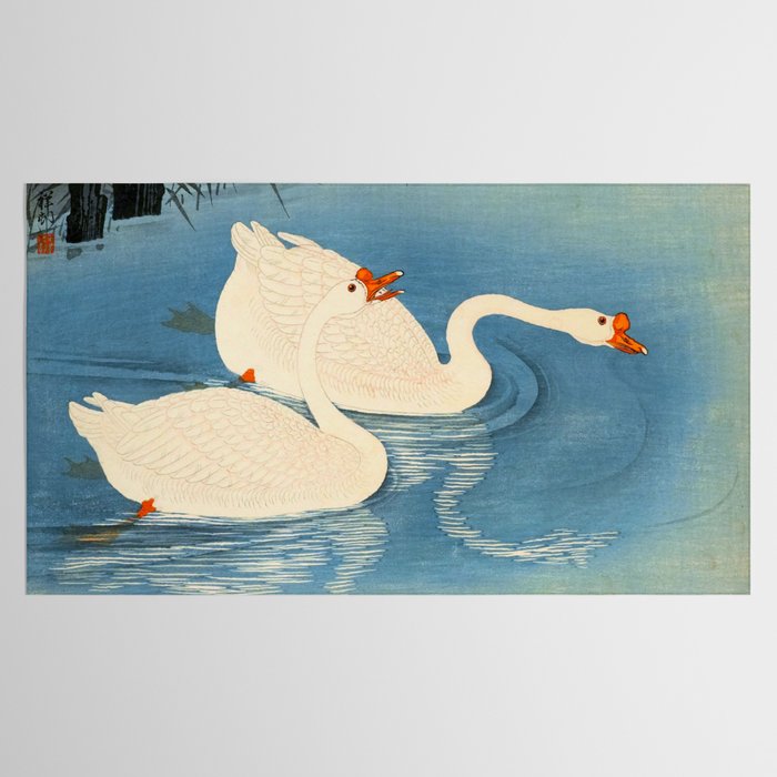 Shoson Two Geese Swimming Near Shore Antique Japanese Woodblock Print  Tablecloth Gallery Image 2