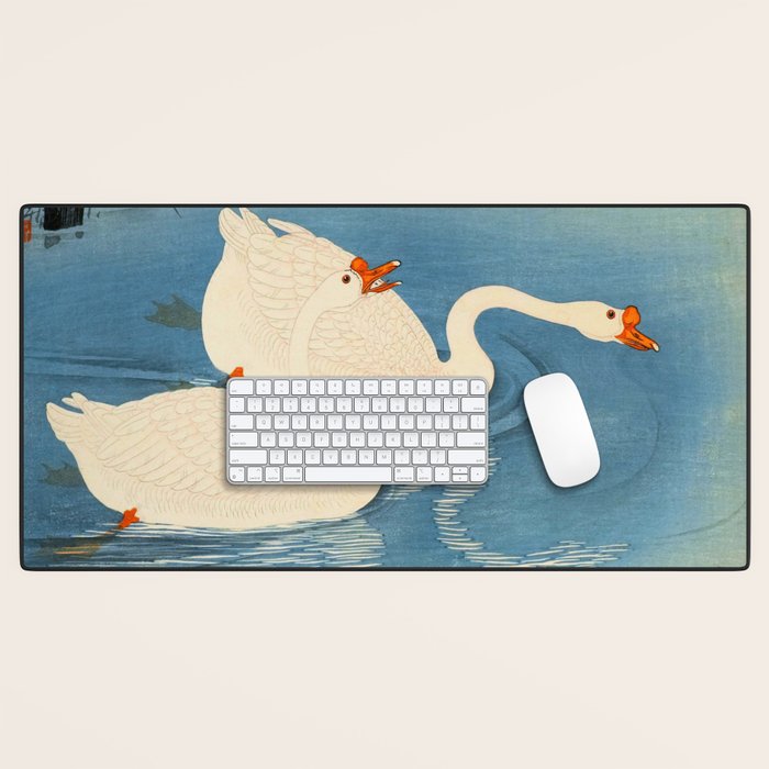 Shoson Two Geese Swimming Near Shore Antique Japanese Woodblock Print  Desk Mat Gallery Image 1