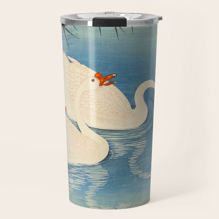 Shoson Two Geese Swimming Near Shore Antique Japanese Woodblock Print  Travel Mug Gallery Image 1