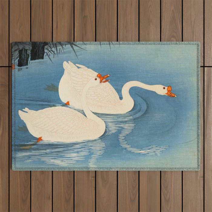Shoson Two Geese Swimming Near Shore Antique Japanese Woodblock Print  Outdoor Rug Gallery Image 1