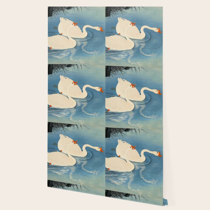 Shoson Two Geese Swimming Near Shore Antique Japanese Woodblock Print  Wallpaper Gallery Image 2