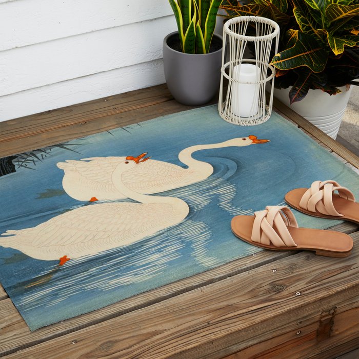 Shoson Two Geese Swimming Near Shore Antique Japanese Woodblock Print  Outdoor Rug Gallery Image 2