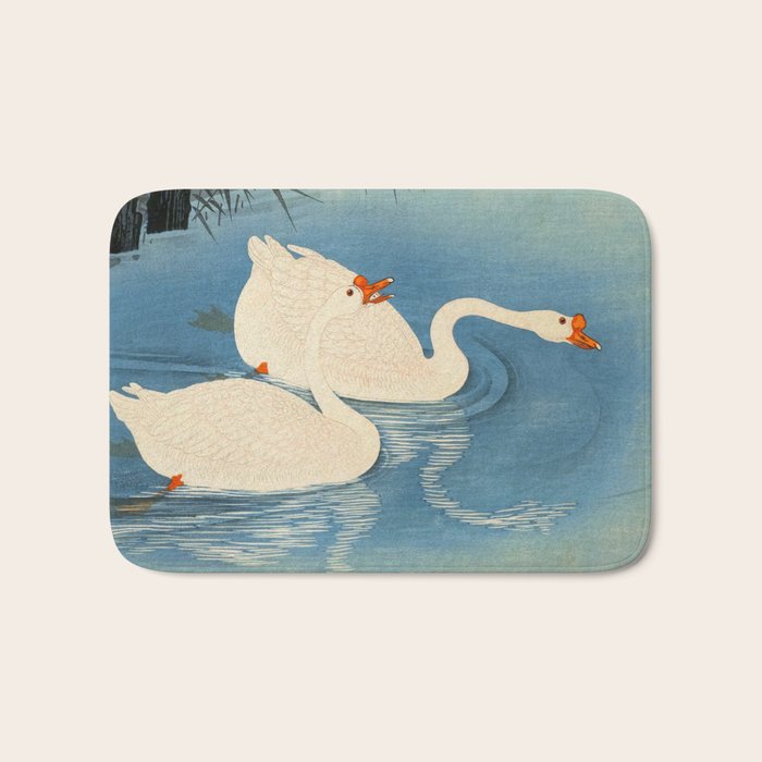 Shoson Two Geese Swimming Near Shore Antique Japanese Woodblock Print  Bath Mat Gallery Image 1