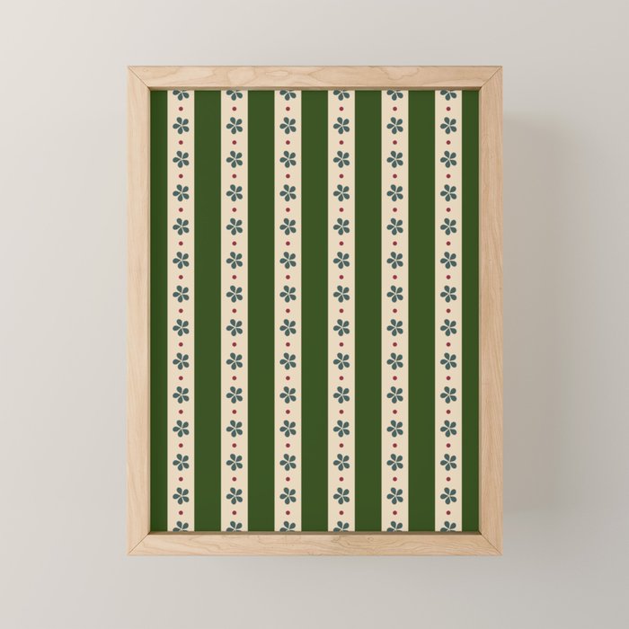 Green And Cream Stripes And Flowers Mini Art Print Gallery Image 1